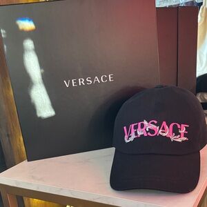 Versace Black Hat with Vibrant Pink Embroidery